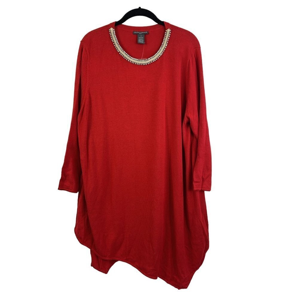 Chelsea & Theodore Women's Jeweled Neck Red Sweater